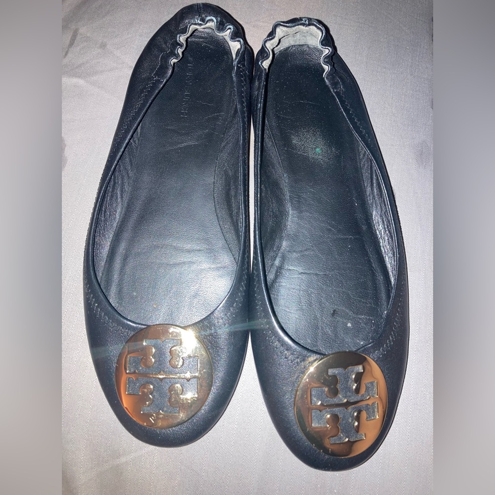 Tory Burch Black Leather Minnie Ballet Flats with Gold Logo Medallions